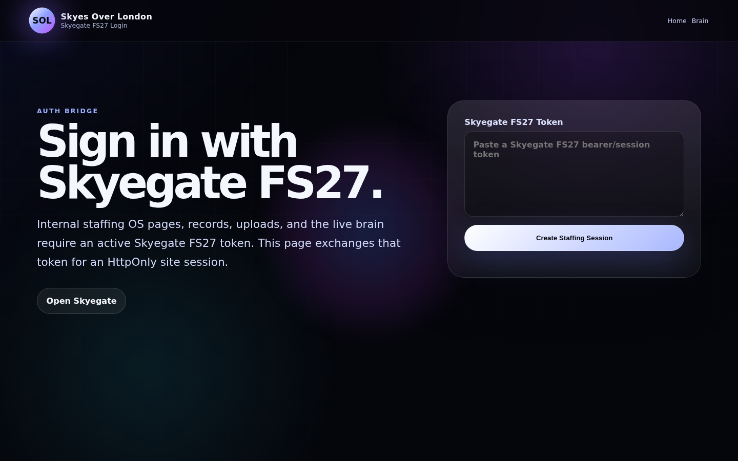 Actual Skyegate FS27 login bridge page with token field